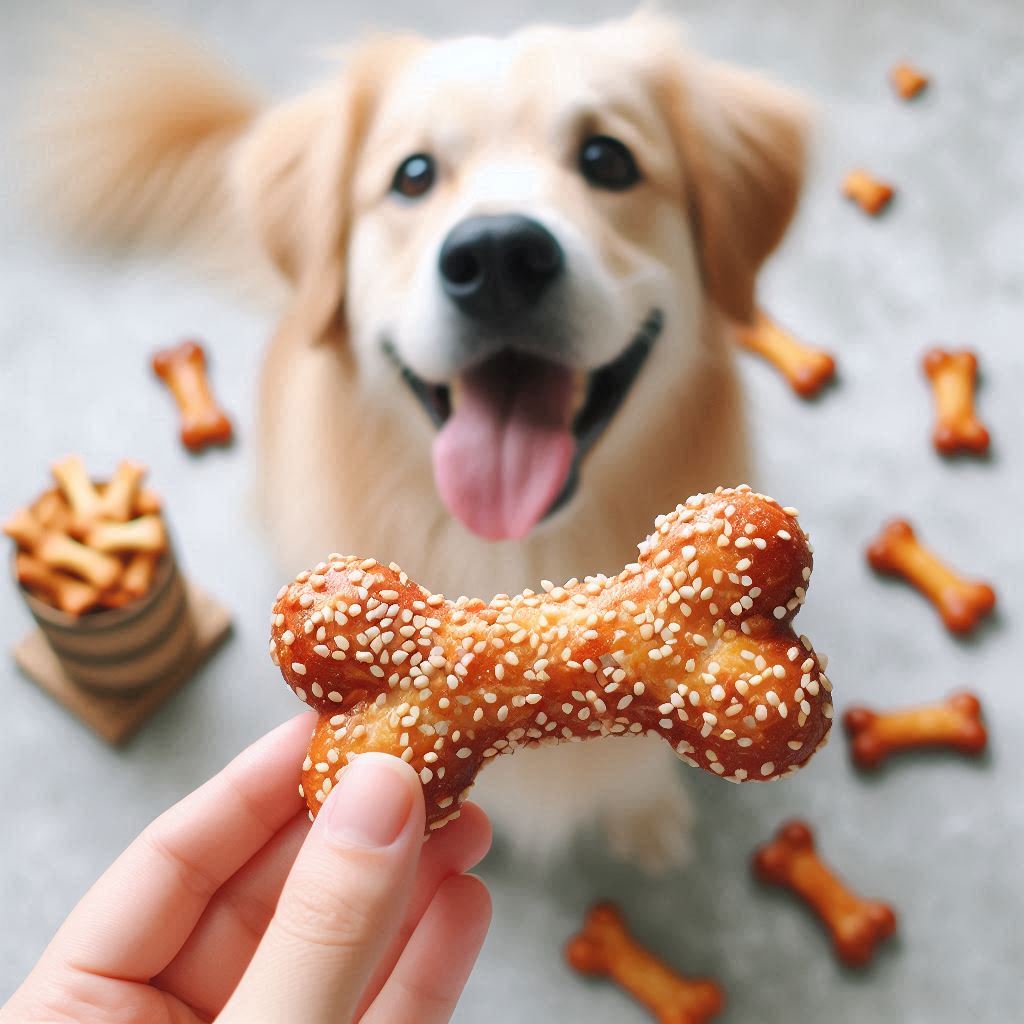 A bowl of pork crackle with a curious dog looking at it, highlighting the question of whether this snack is safe for dogs.”