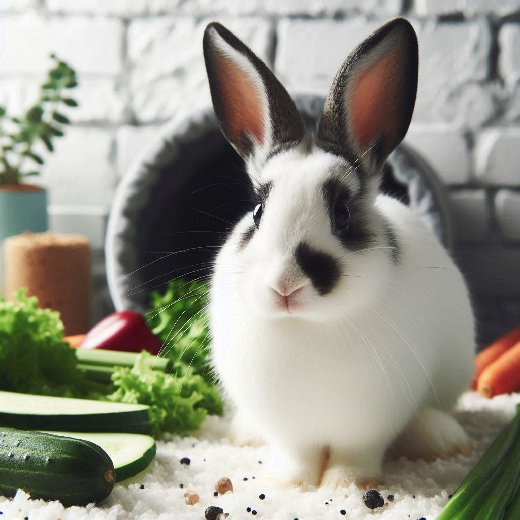 "Californian Rabbit with black ears and nose resting in a cozy bed."