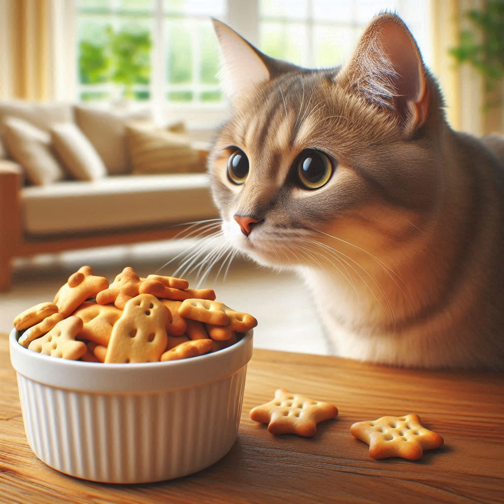 “Curious cat looking at a bowl of Animal Crackers, wondering if they are safe to eat.”