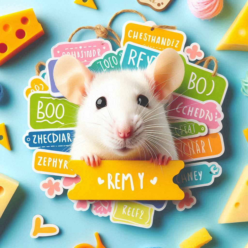 “A cute Pet Rat Names with a playful expression, surrounded by colorful name tags featuring names like ‘Boo,’ ‘Cheddar,’ ‘Zephyr,’ and ‘Remy.’ The background is bright and cheerful with elements like cheese, toys, and tiny accessories.”