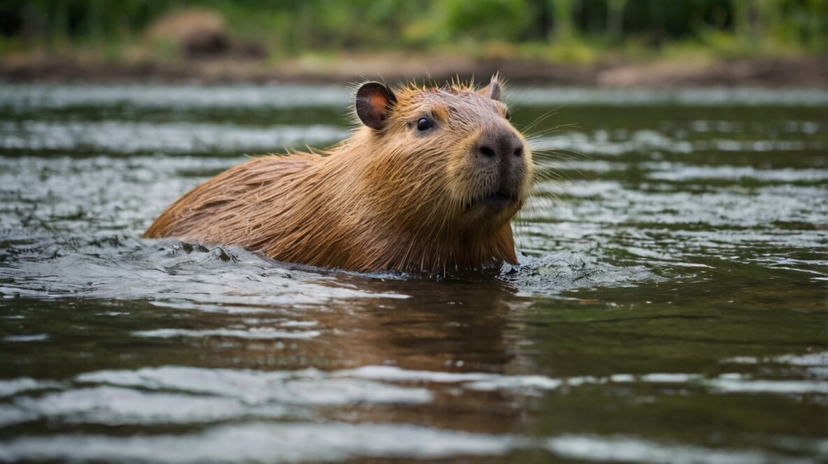 Facts About Capybaras "Capybara swimming in a river".