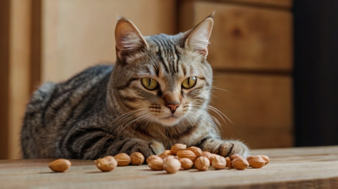 Cat looking at peanuts on a table""Can My Cat Eat Peanuts"