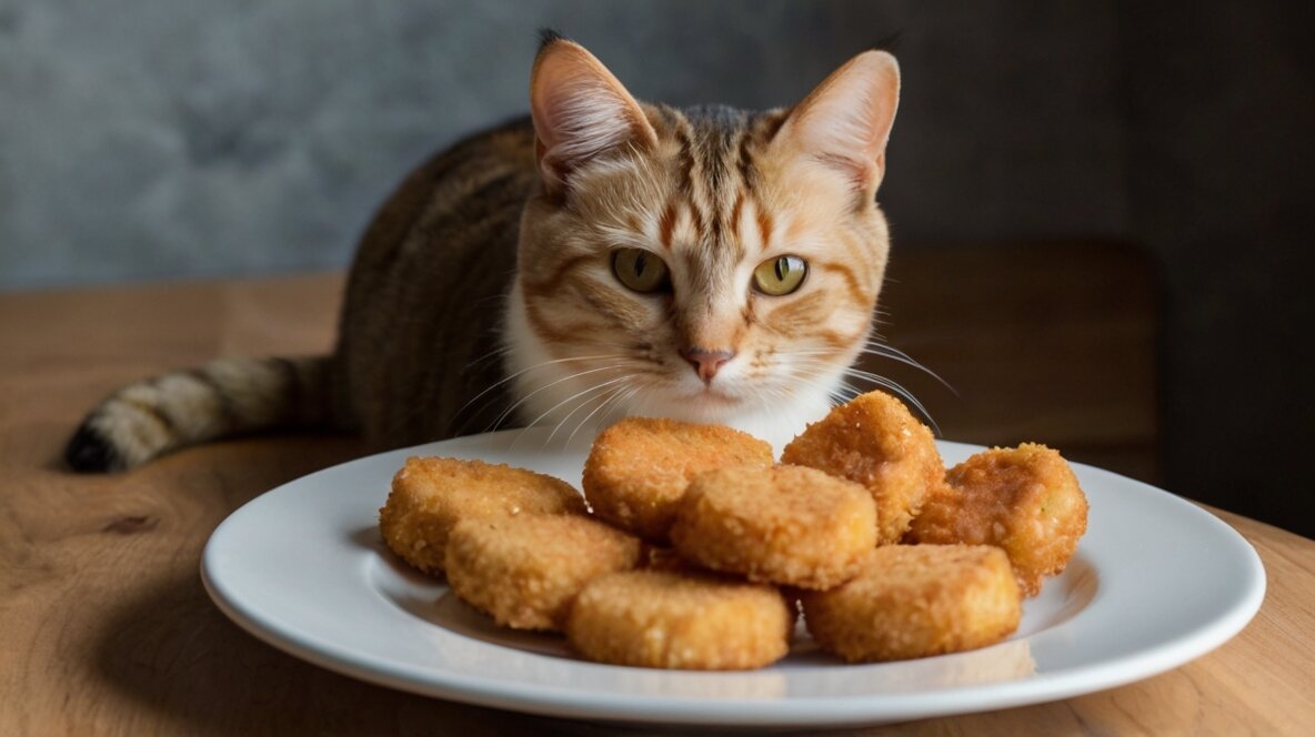 "Cat looking at McDonald’s Chicken Nuggets"