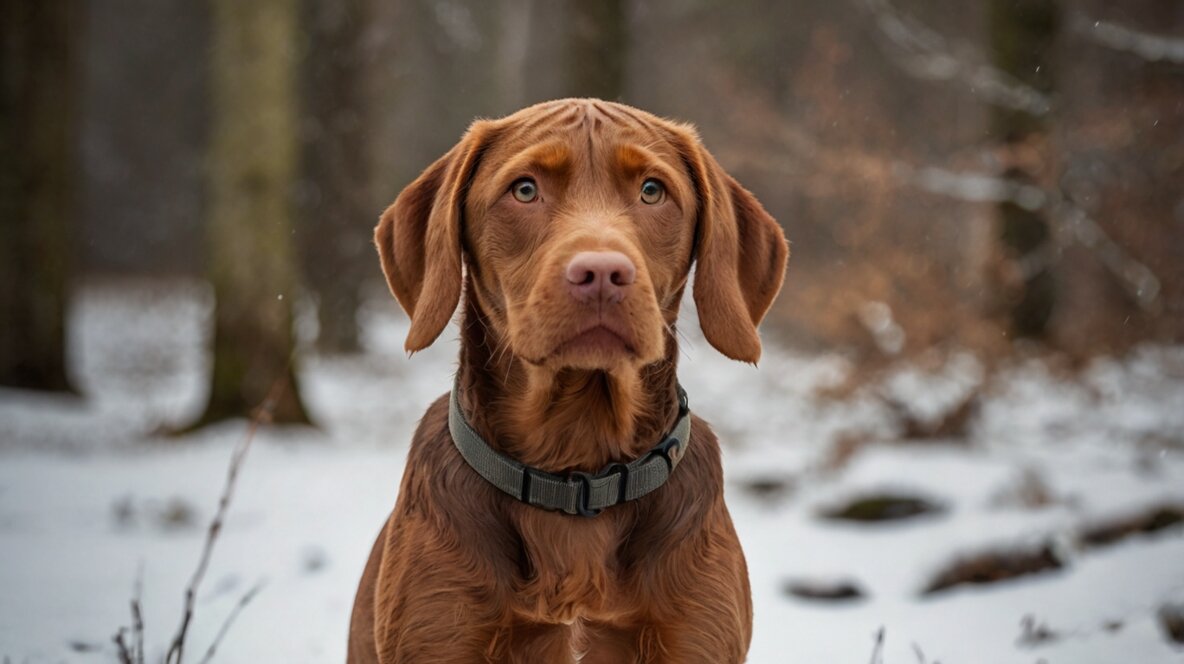 wirehaired vizsla dog, brown dog in the snow